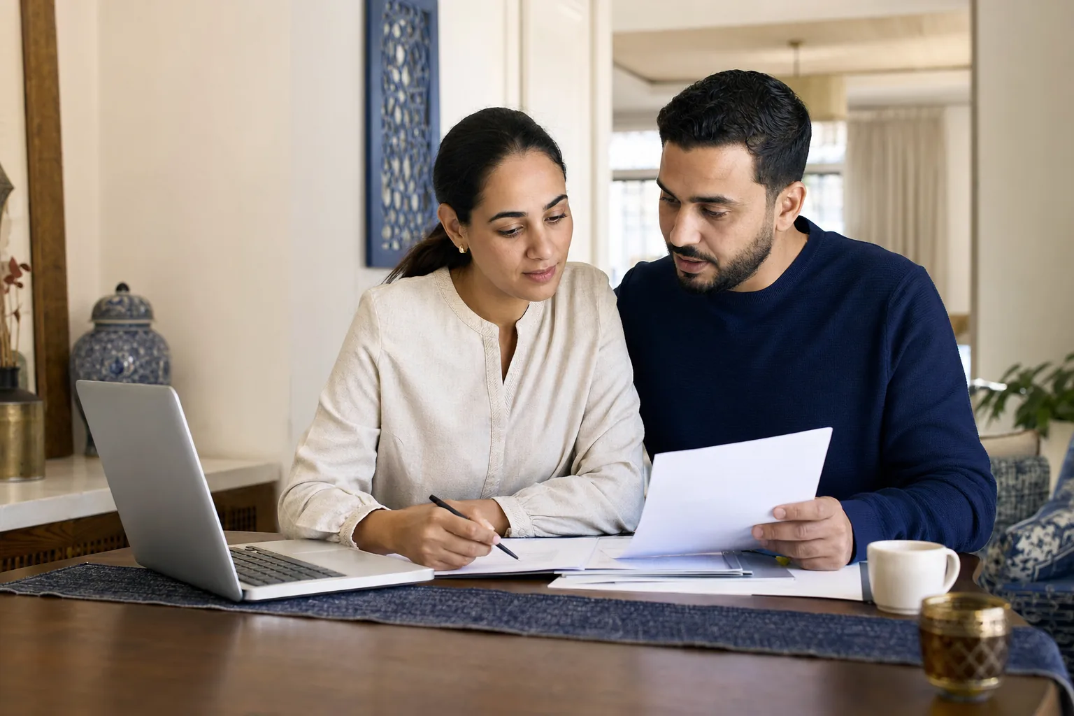 Couple marocain préparant son dossier de crédit immobilier
